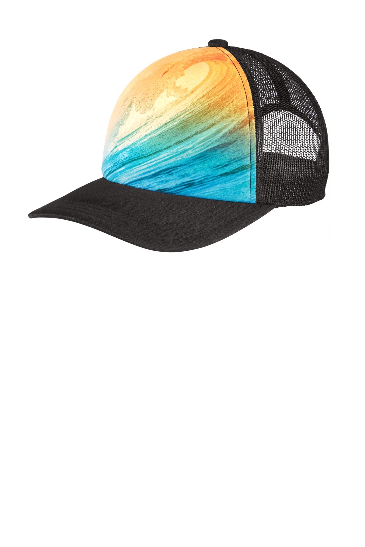 Port Authority Photo Real Snapback Trucker Cap with wave design on flat front, adjustable brim, and classic trucker style.