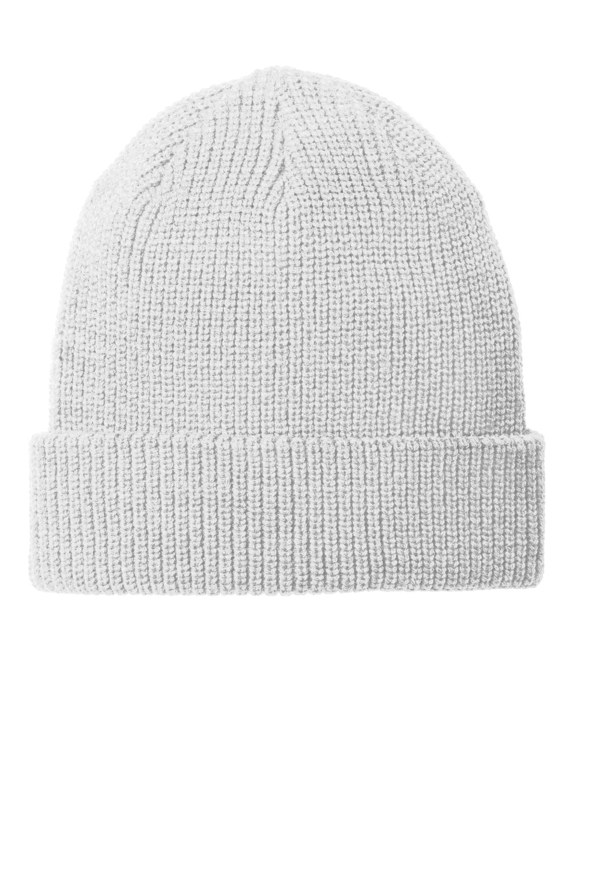 Port Authority Chunky Knit Beanie in silver heather, flat front view showcasing cozy, textured knit fabric and stylish winter accessory.
