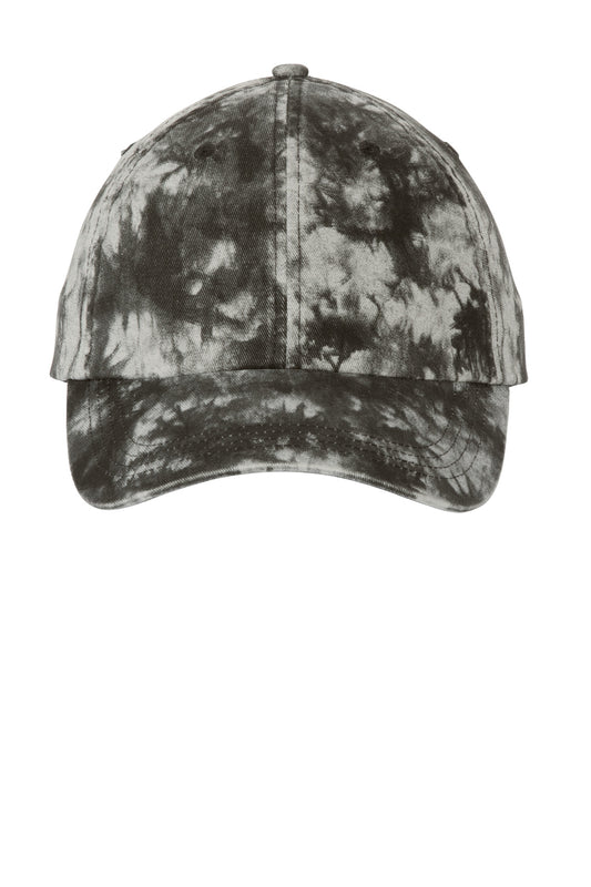 Black Port Authority Tie-Dye Cap featuring a classic curved brim and vibrant tie-dye pattern, displayed on a mannequin.