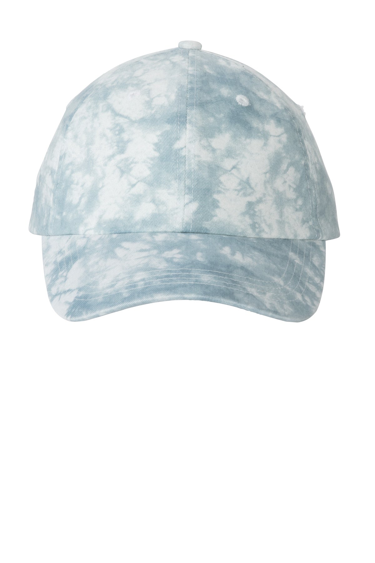 Light blue Port Authority Tie-Dye Cap C961 with a curved brim and casual style, showcasing vibrant tie-dye pattern and adjustable strap.