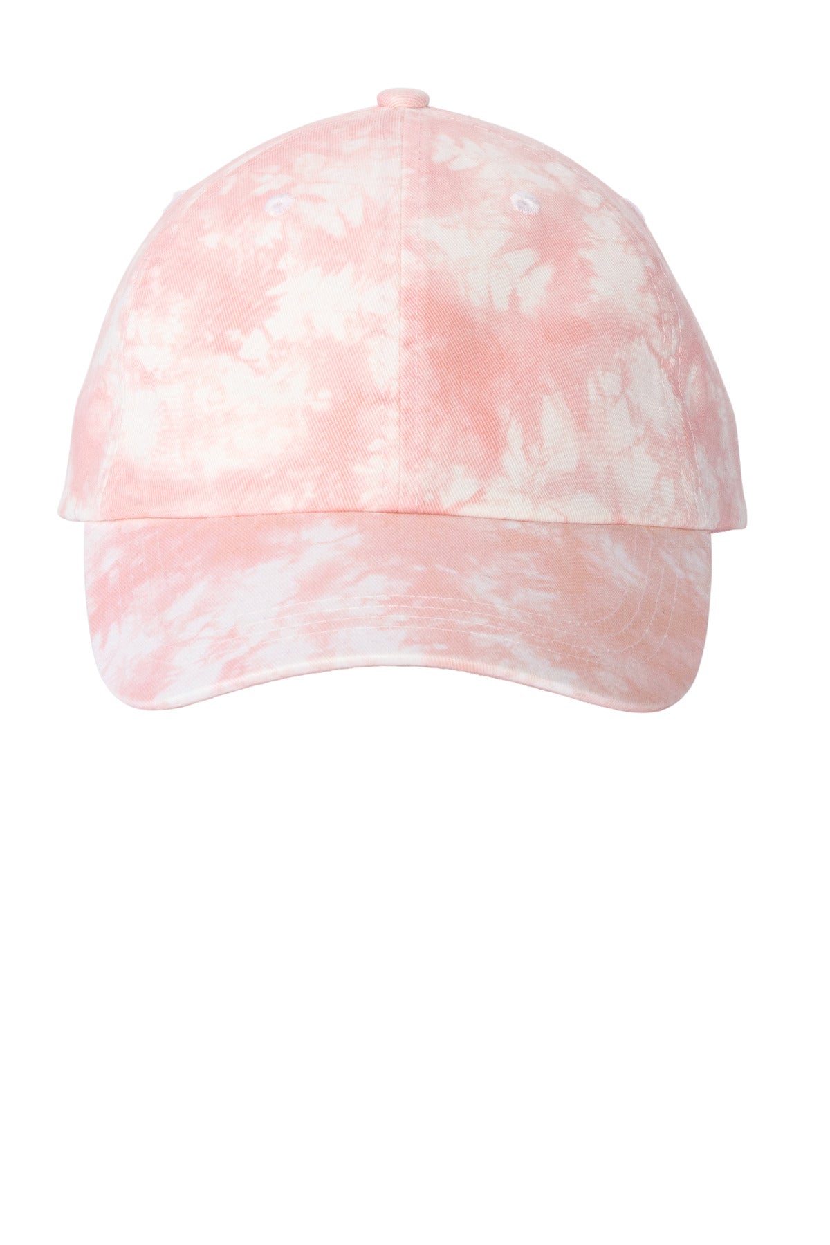 Light pink Port Authority tie-dye cap with curved brim and adjustable strap, showcasing casual, colorful headwear style.