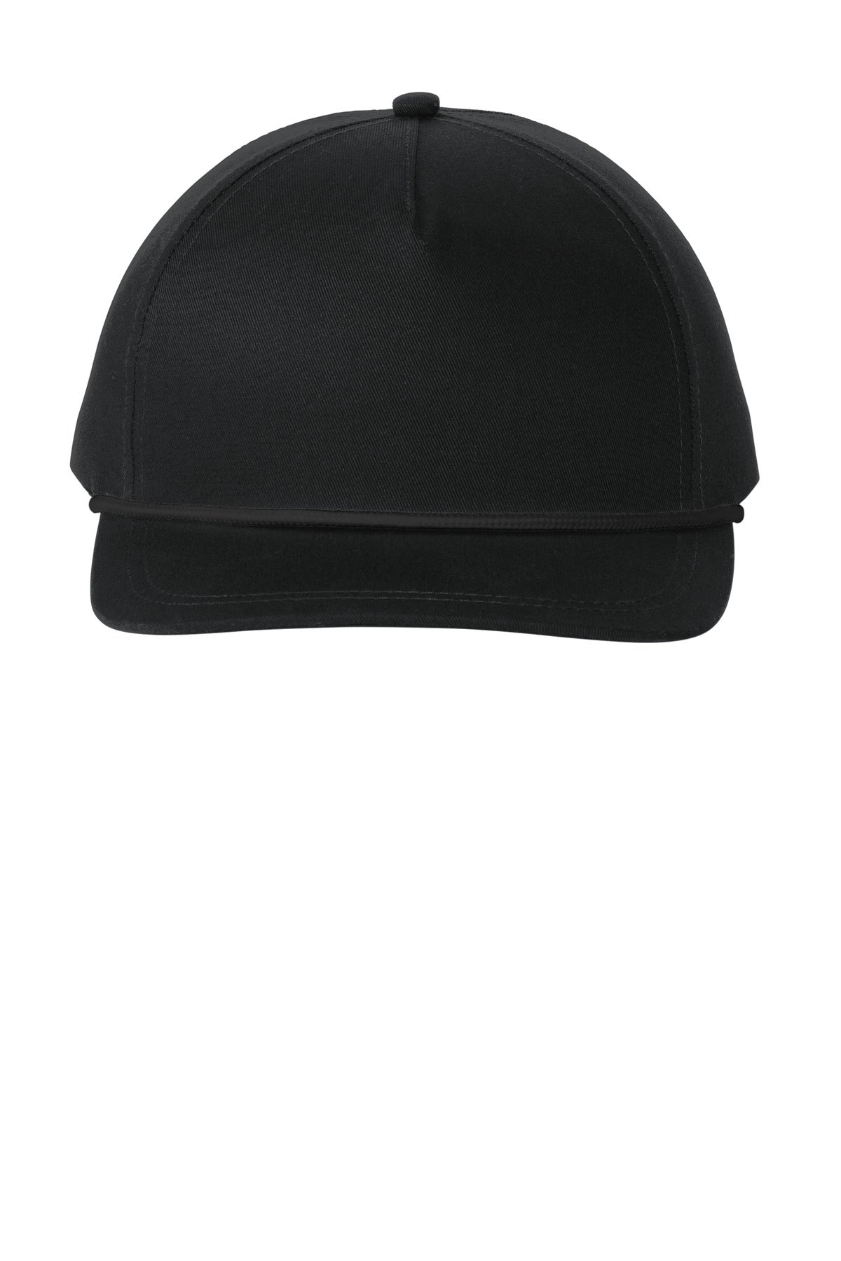 Black Port Authority snapback five-panel rope cap with flat brim and adjustable strap, showcasing front and side view.