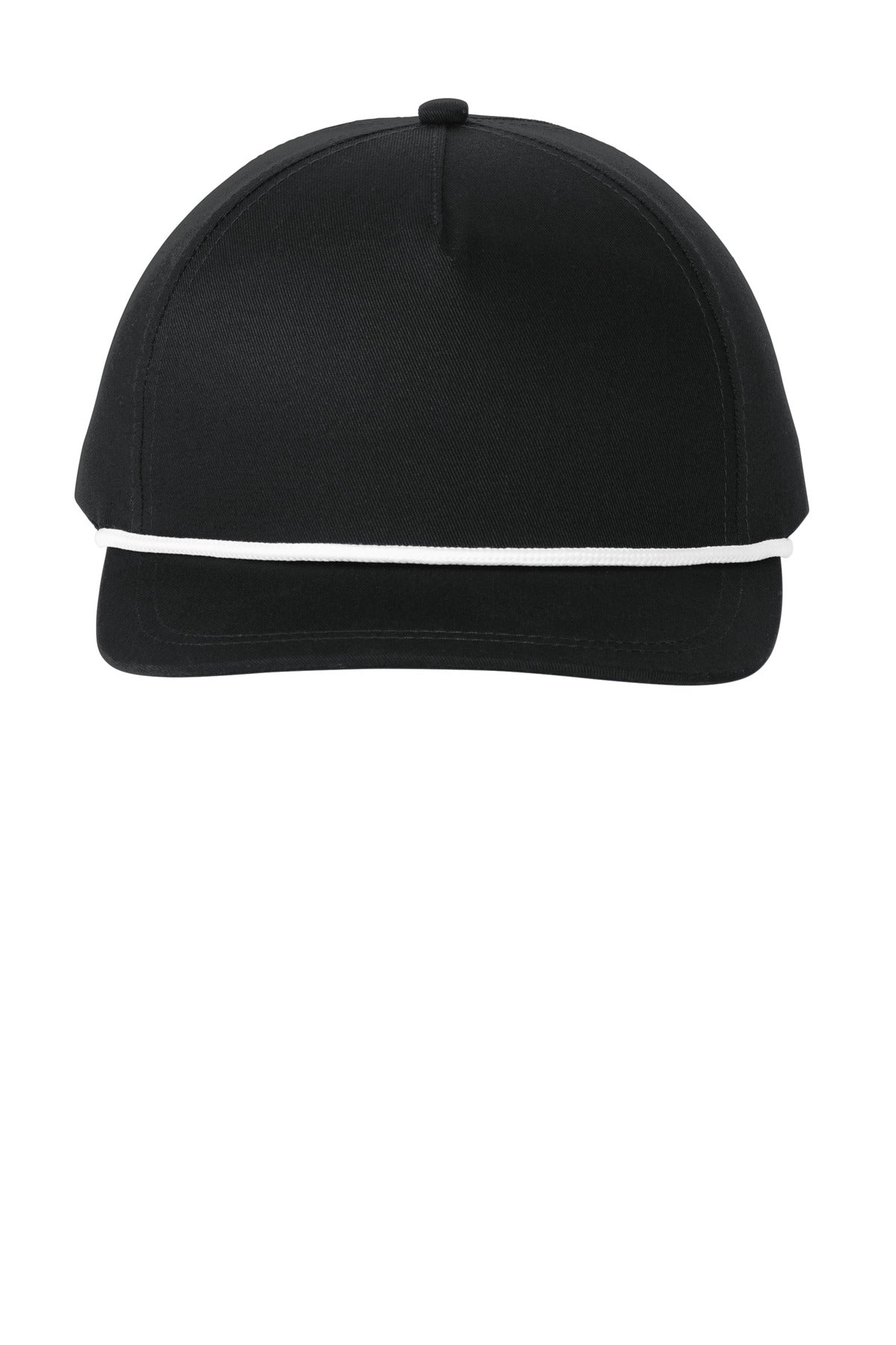 Black and white Port Authority snapback five-panel rope cap with adjustable strap and flat brim, shown from the front.