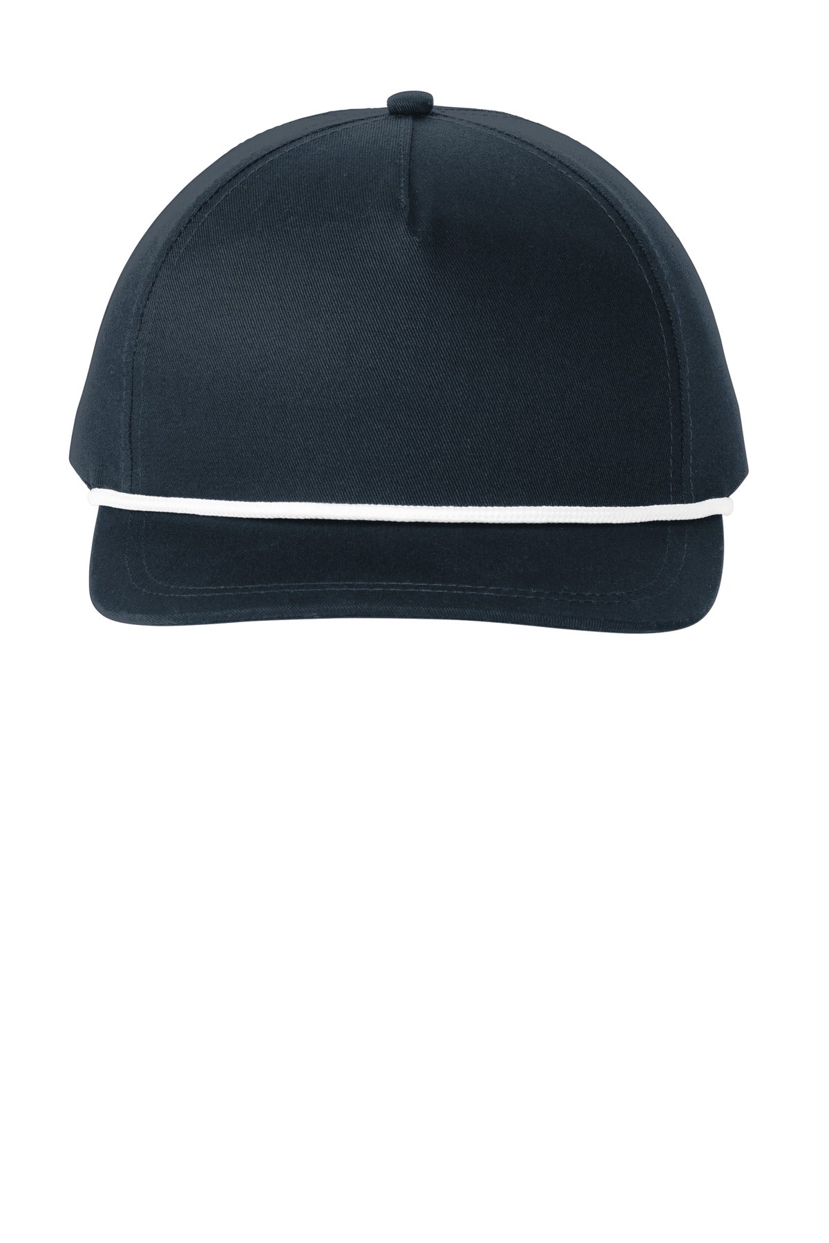 Navy and white Port Authority snapback five-panel rope cap with adjustable strap and front logo embroidery.