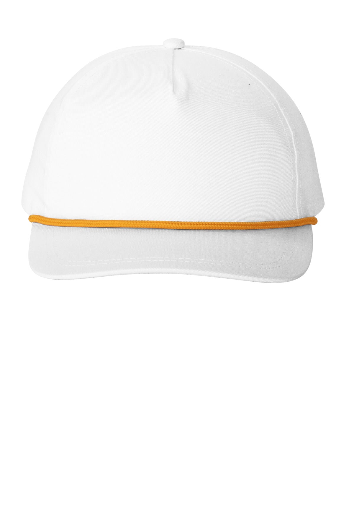 White Port Authority snapback five-panel rope cap with athletic gold accents, showing a straight-on view of the stylish hat.