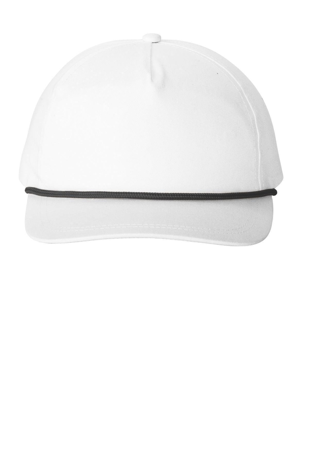 White and black Port Authority ® snapback five-panel rope cap with adjustable strap and structured design.