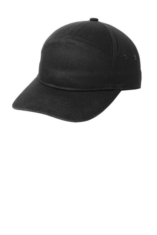 Black Port Authority 7-panel cap with flat brim, showing front view with adjustable strap and stitched panels.