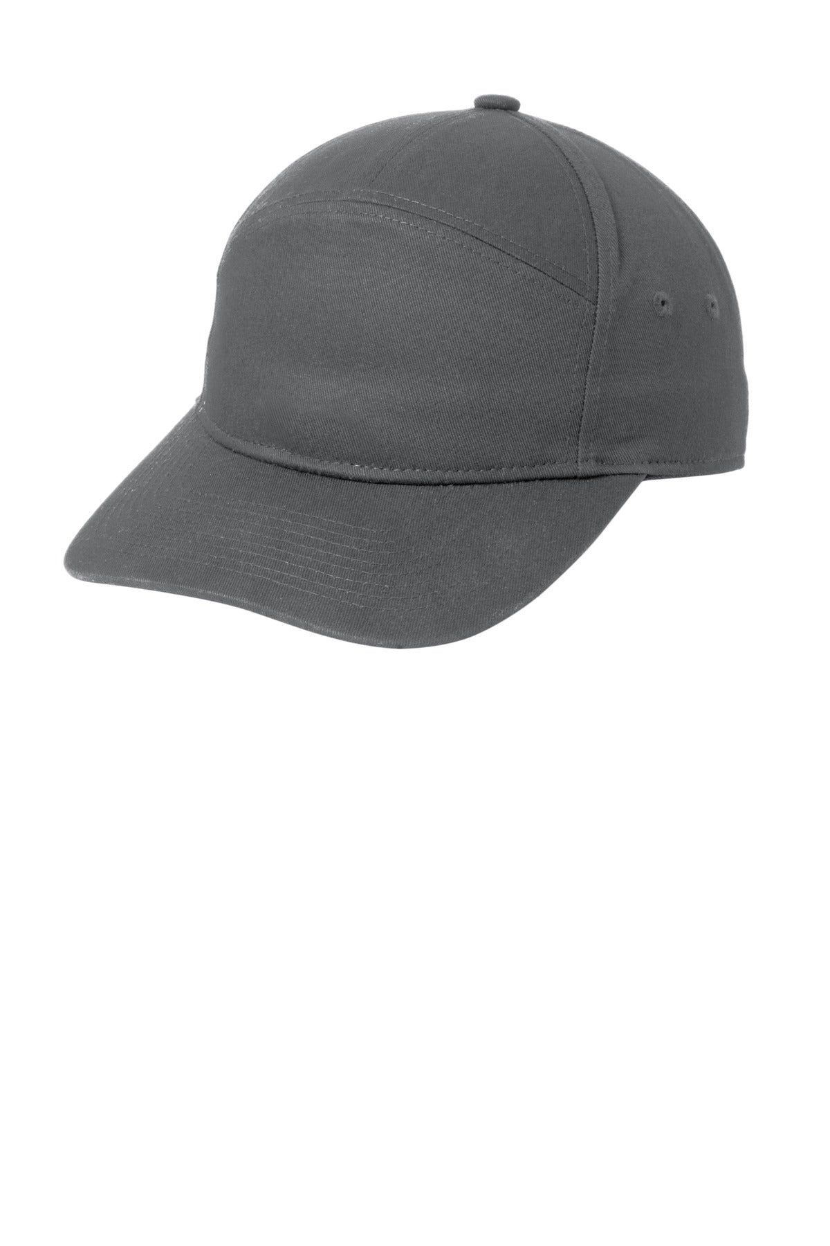 Port Authority 7-panel cap in grey steel, flat brim style, shown from the left side view.