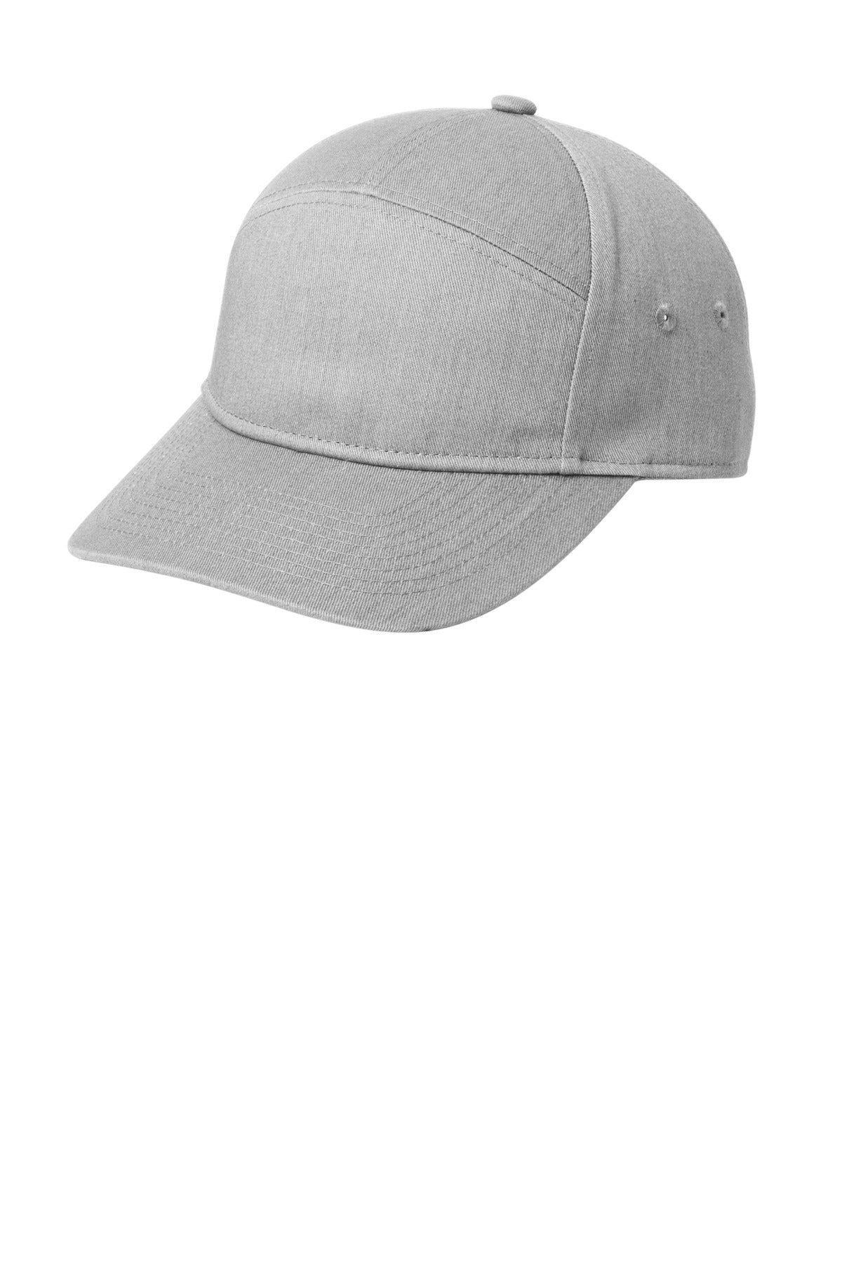 Port Authority 7-panel cap in heather grey, showing a flat left side view with structured six-panel design and curved brim.