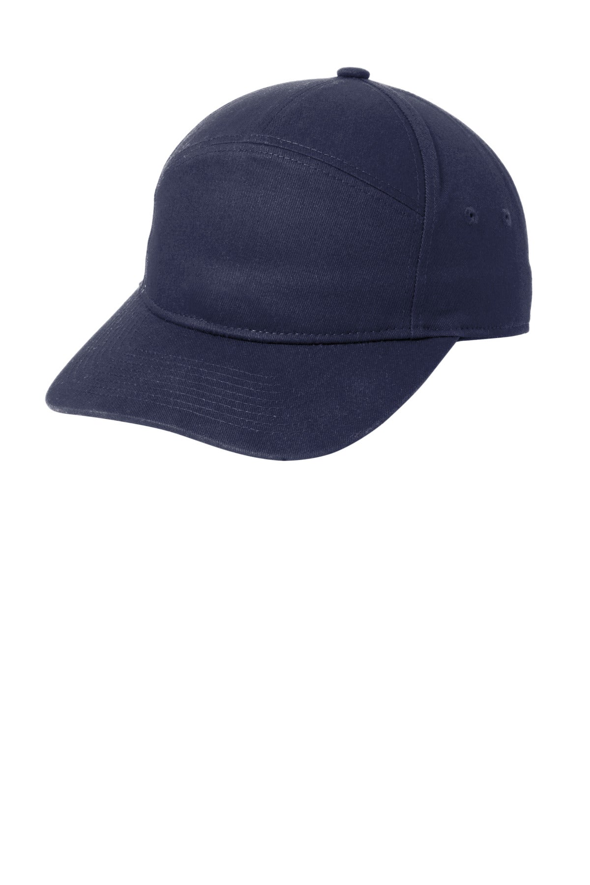 Port Authority 7-panel cap in rich navy, shown flat with front and side view, featuring adjustable strap and structured design.