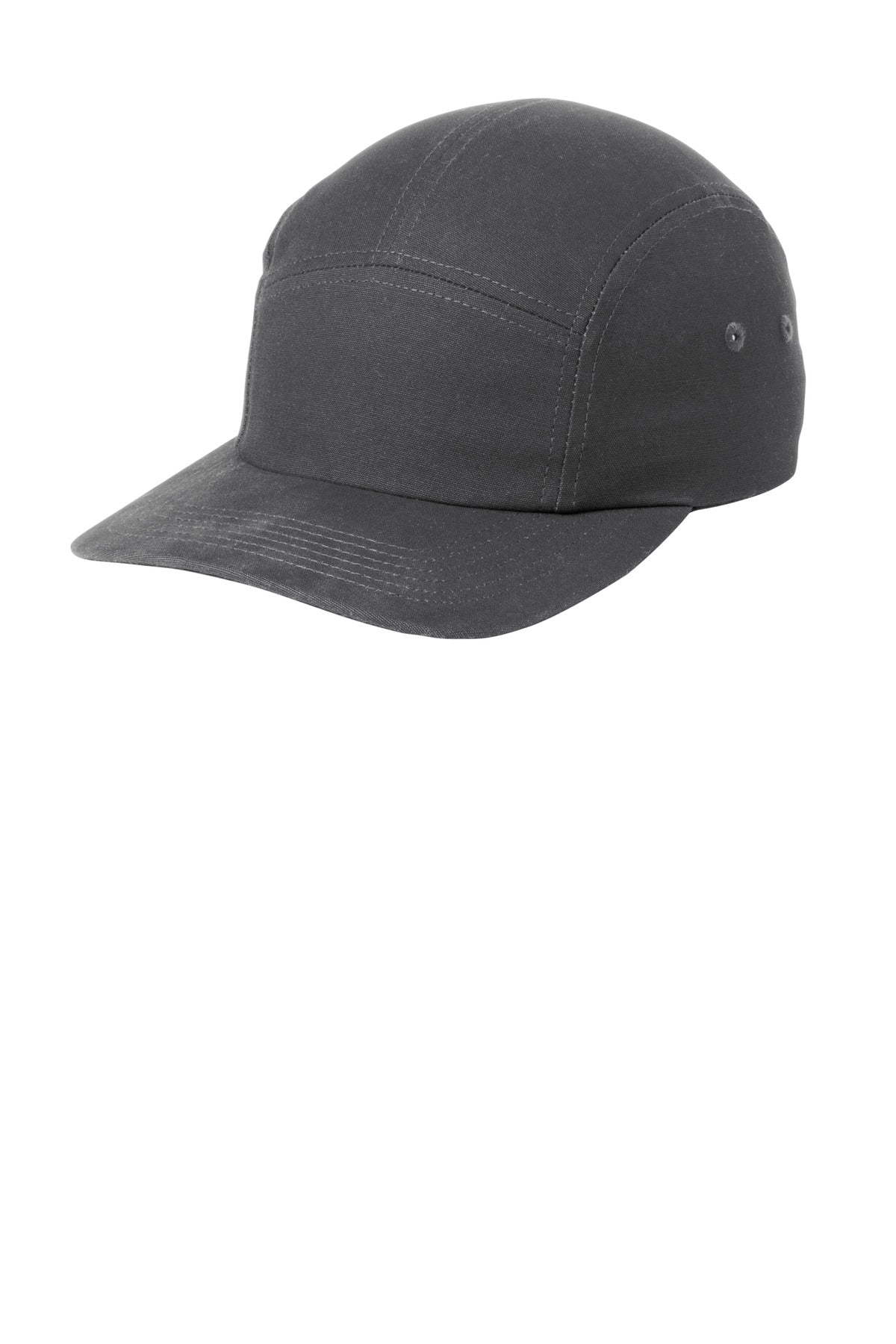 Port Authority brushed cotton camper cap in deep smoke color, shown flat from the left side, featuring a classic brim and adjustable strap