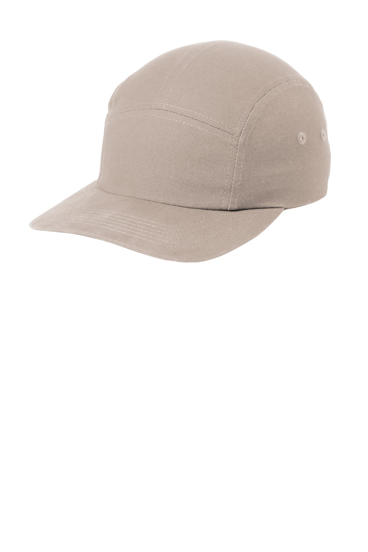 Khaki Port Authority Brushed Cotton Camper Cap shown from the front, featuring a flat brim and adjustable strap.