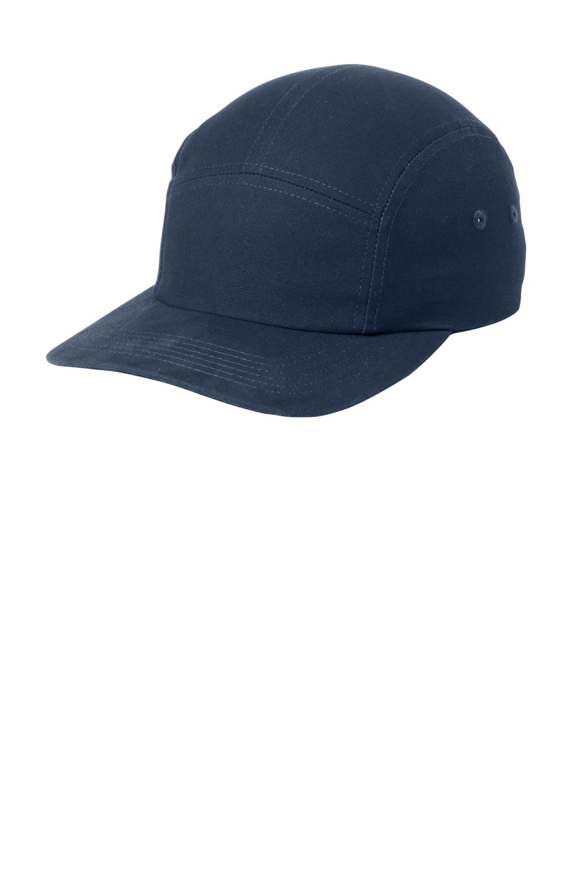 Port Authority brushed cotton camper cap in navy, shown from the front left, featuring a classic curved brim and adjustable strap.