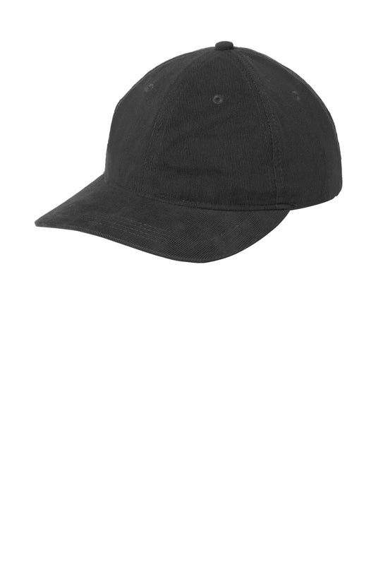 Port Authority Light Corduroy Dad Cap in deep black, flat brim style with visible stitching and adjustable strap.