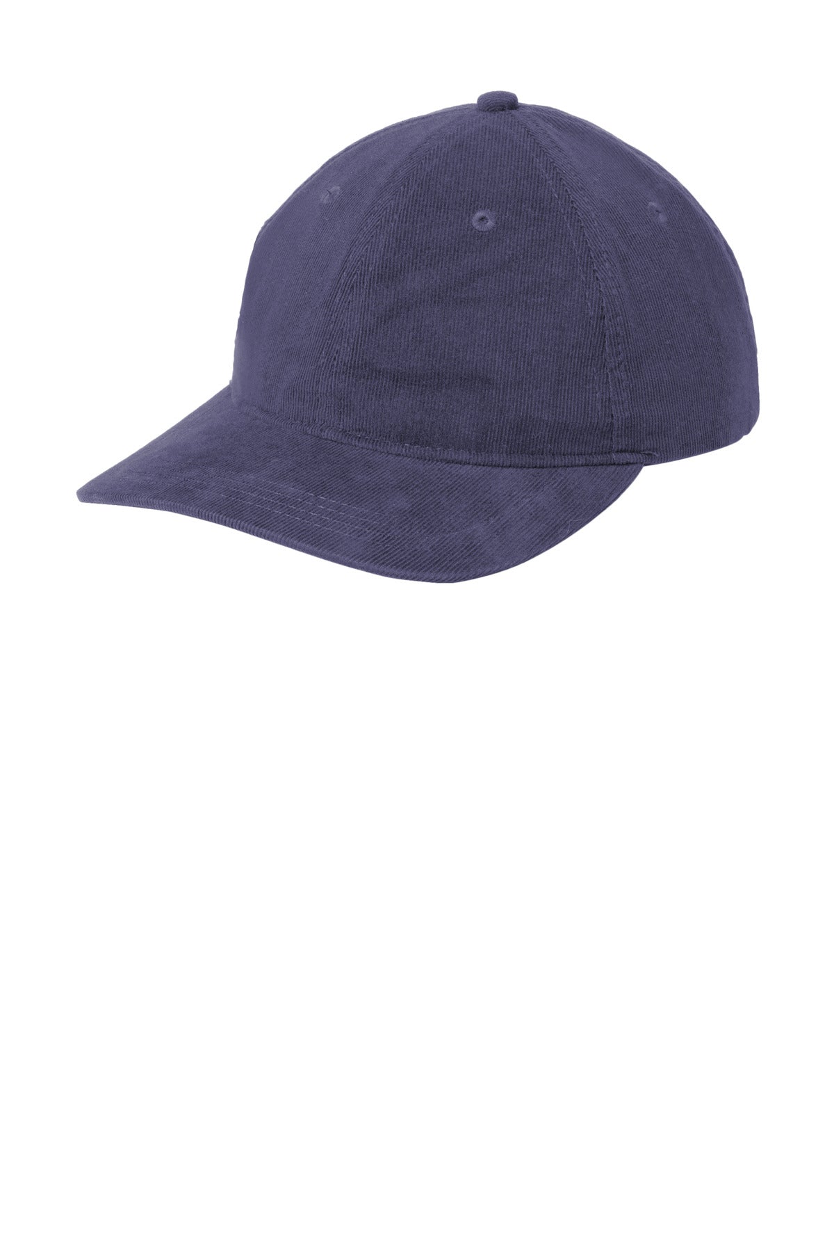 Port Authority light blue corduroy dad cap with a flat brim, shown from the front-left angle.