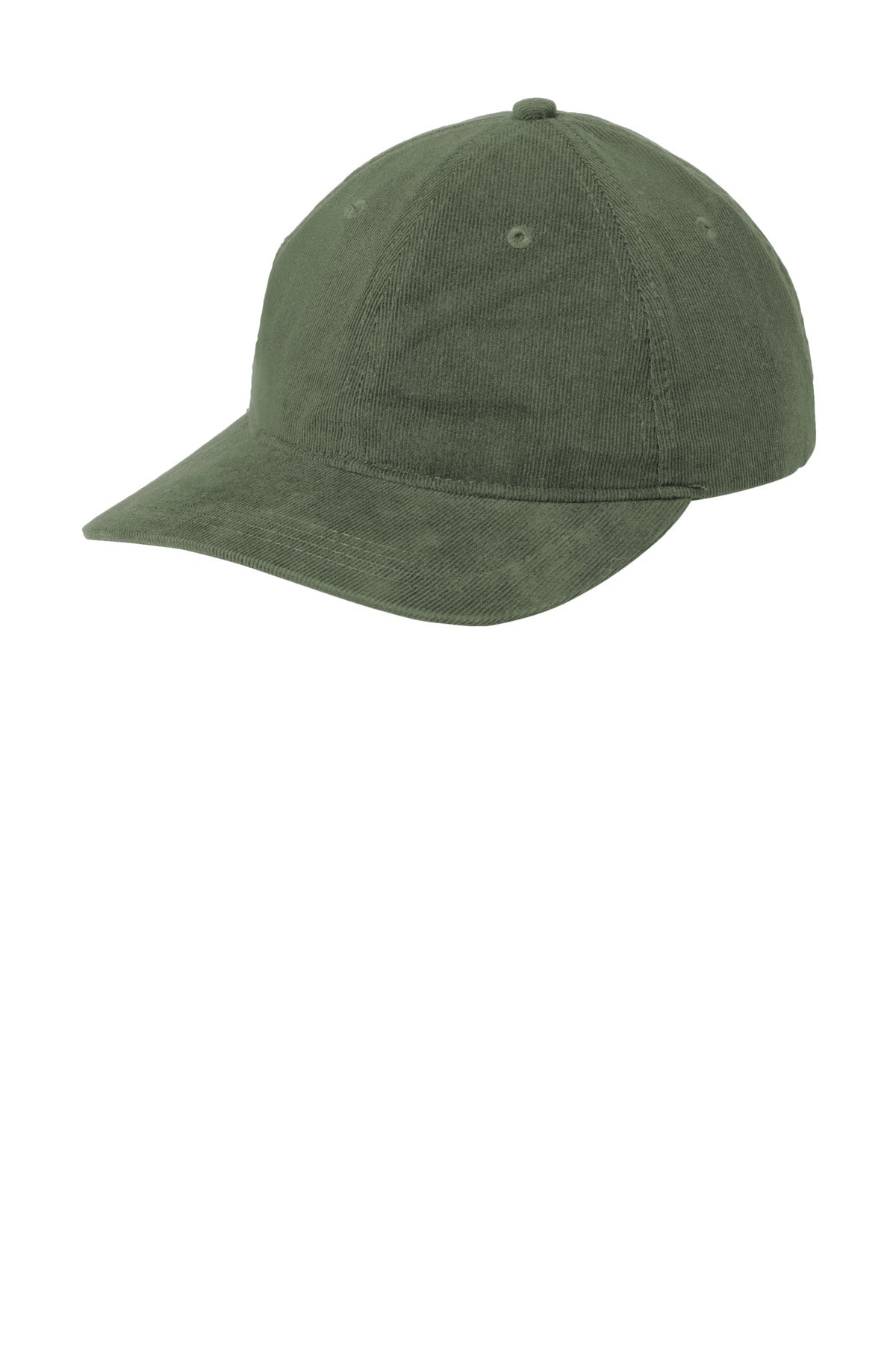 Olive green Port Authority light corduroy dad cap viewed from front-left, showing classic design and soft textured fabric.