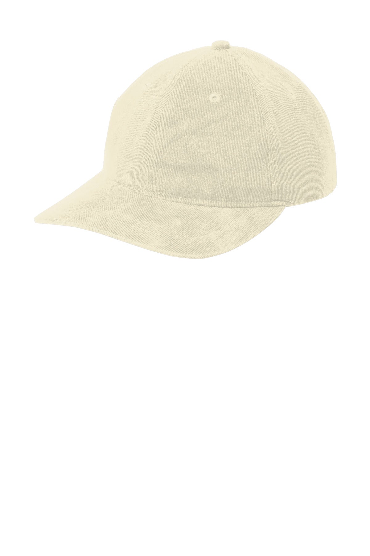 Port Authority light stone corduroy dad cap with flat brim, shown from the front left angle.