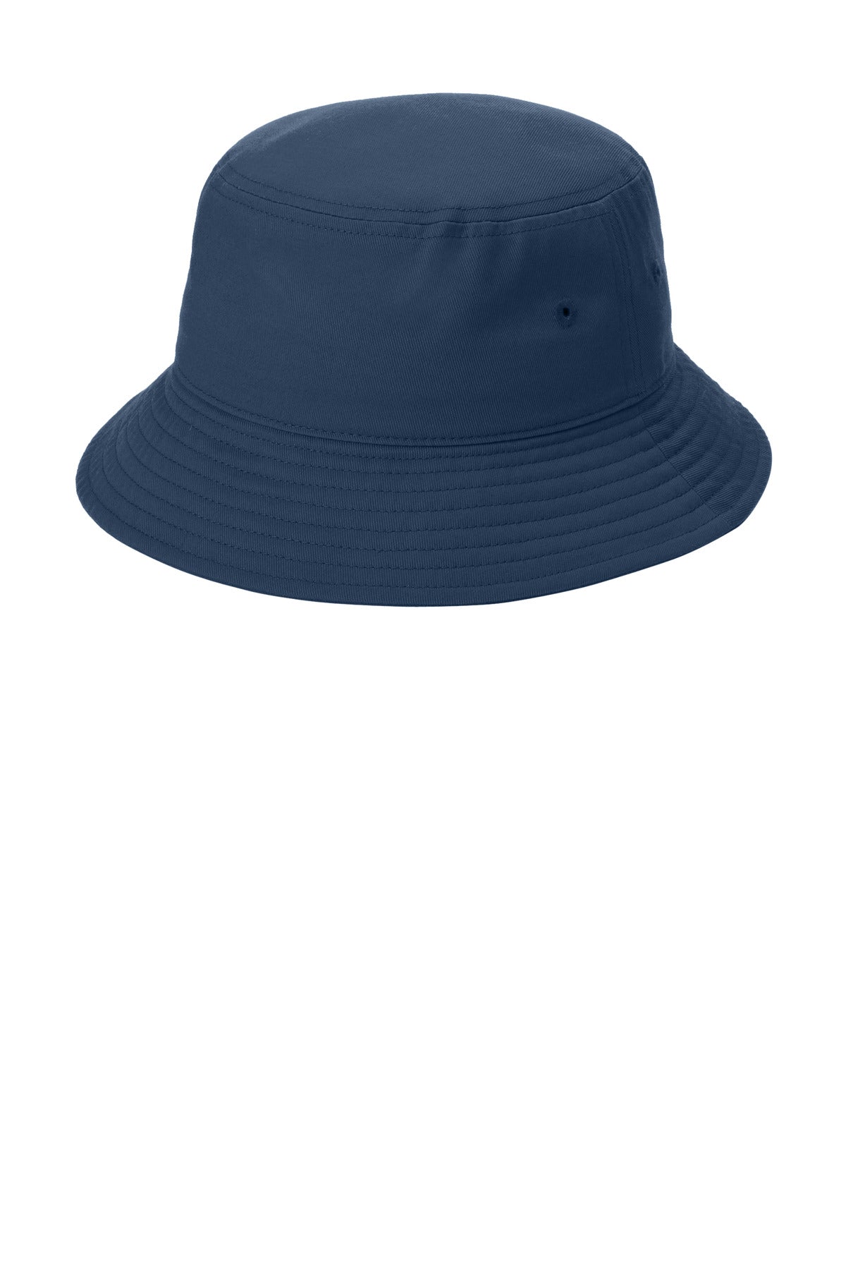 Port Authority twill classic bucket hat in navy blue, shown from the left side, featuring a wide brim and stitched crown detail.