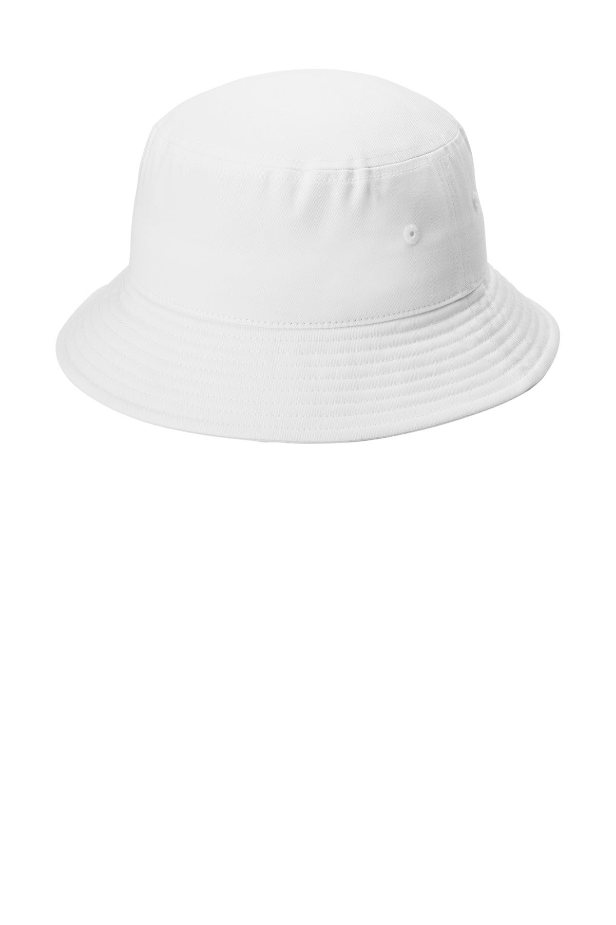 White Port Authority twill classic bucket hat shown from the left side. Durable, stylish headwear for casual or outdoor wear.