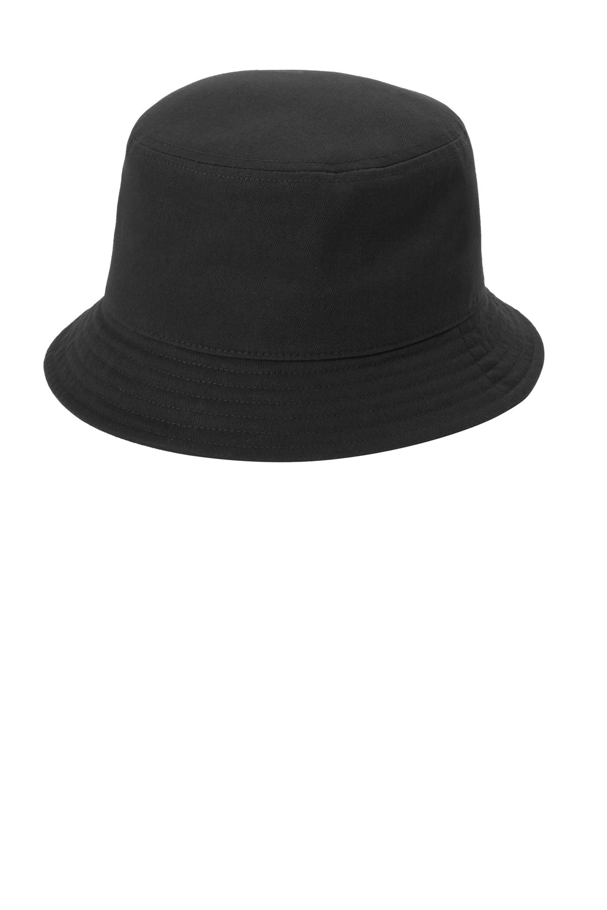 Black Port Authority twill short brim bucket hat shown from the left side, showcasing its stylish design and fabric texture.