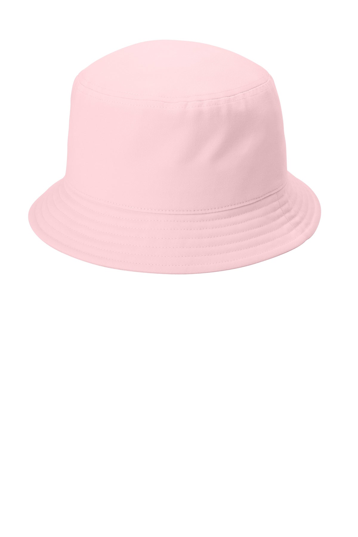 Port Authority Twill Short Brim Bucket Hat in cloud pink, shown from the left side, stylish and lightweight for sun protection.