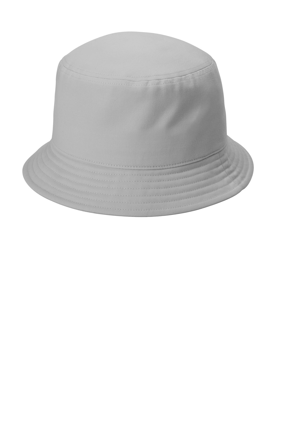 Port Authority twill short brim bucket hat in grey, shown from the left side with a relaxed fit and stylish design.