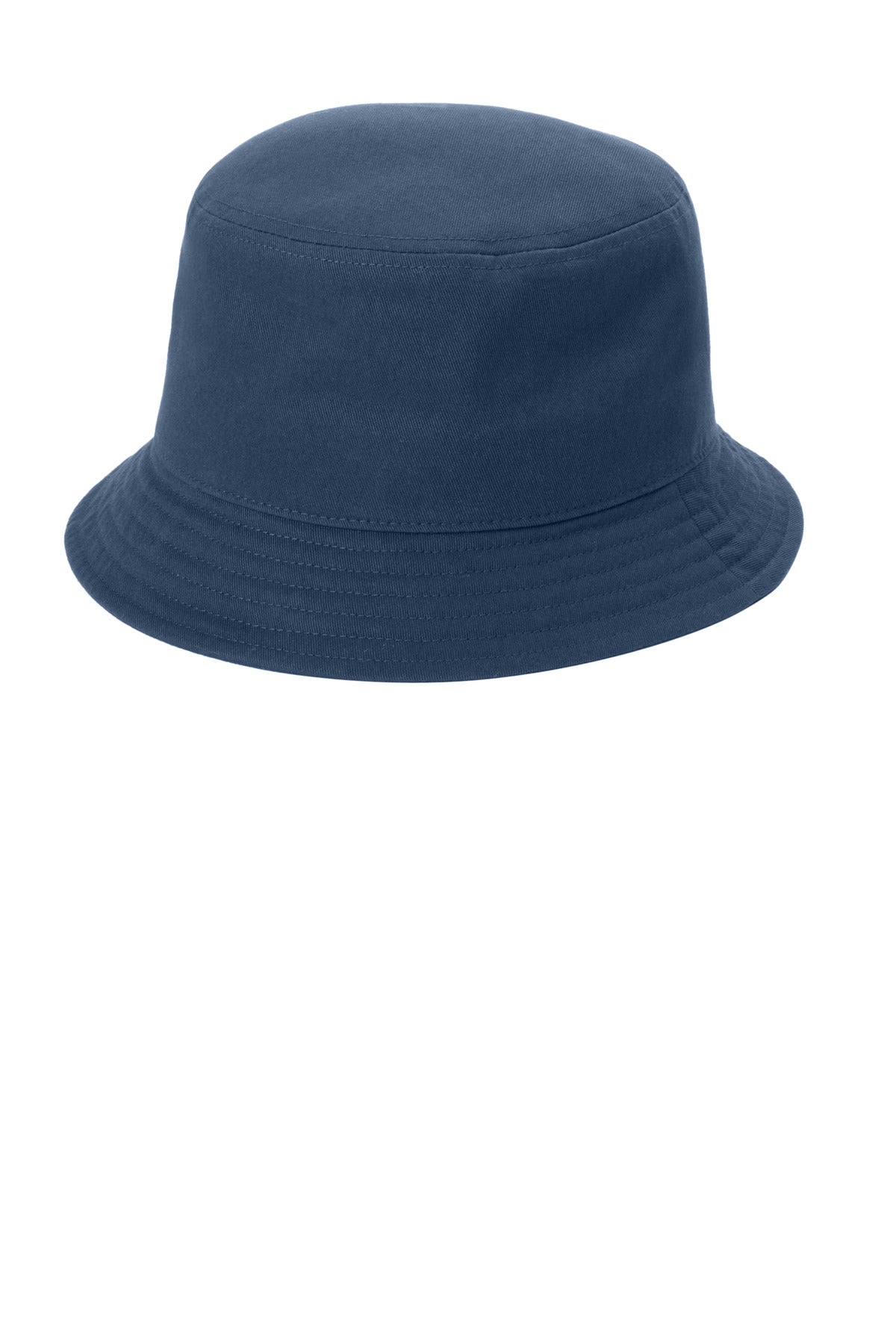 Port Authority twill short brim bucket hat in navy blue, shown from the left side, casual and stylish headwear.