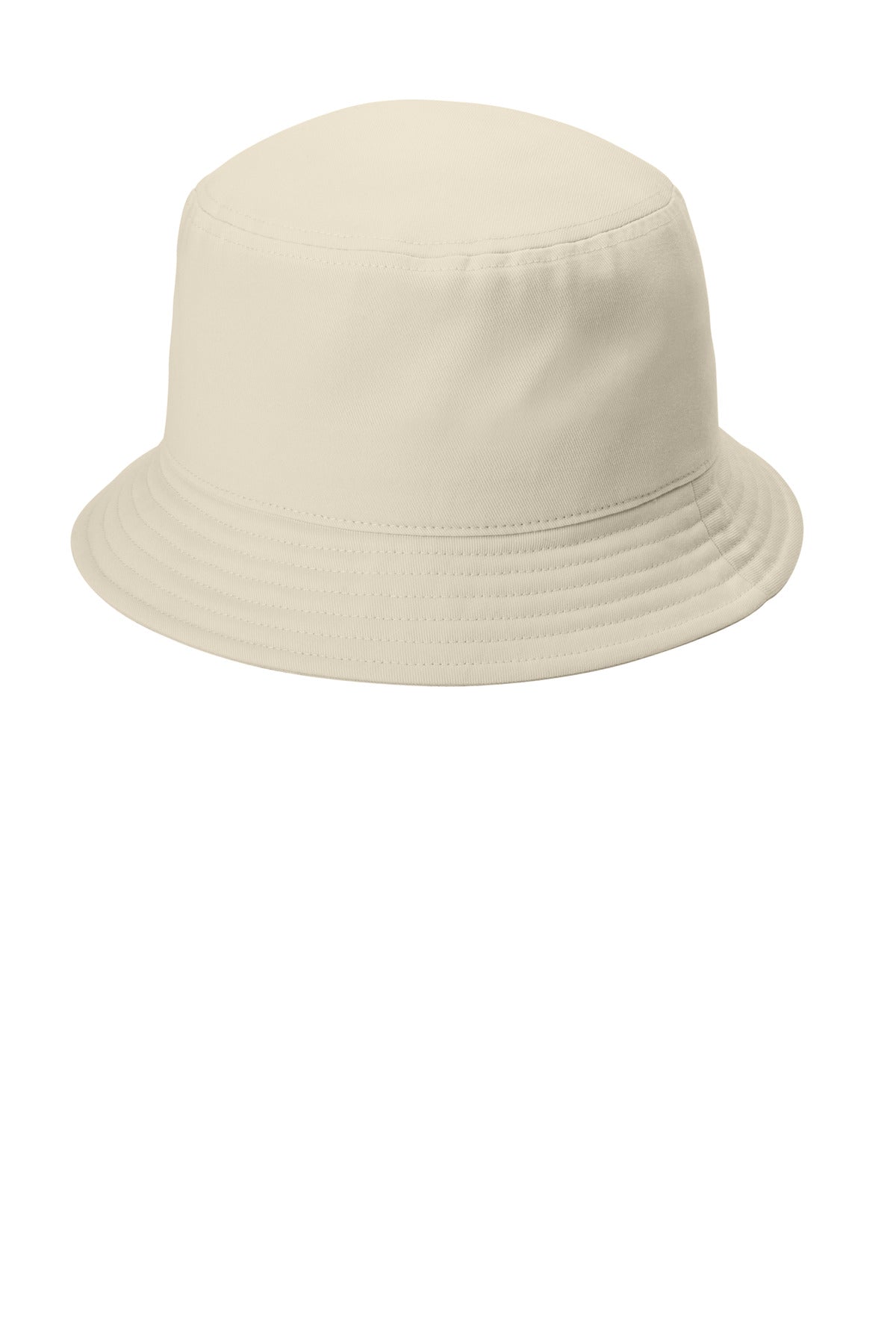 Port Authority Twill Short Brim Bucket Hat in Sahara color, shown from the left side. Durable, stylish headwear for sun protection.