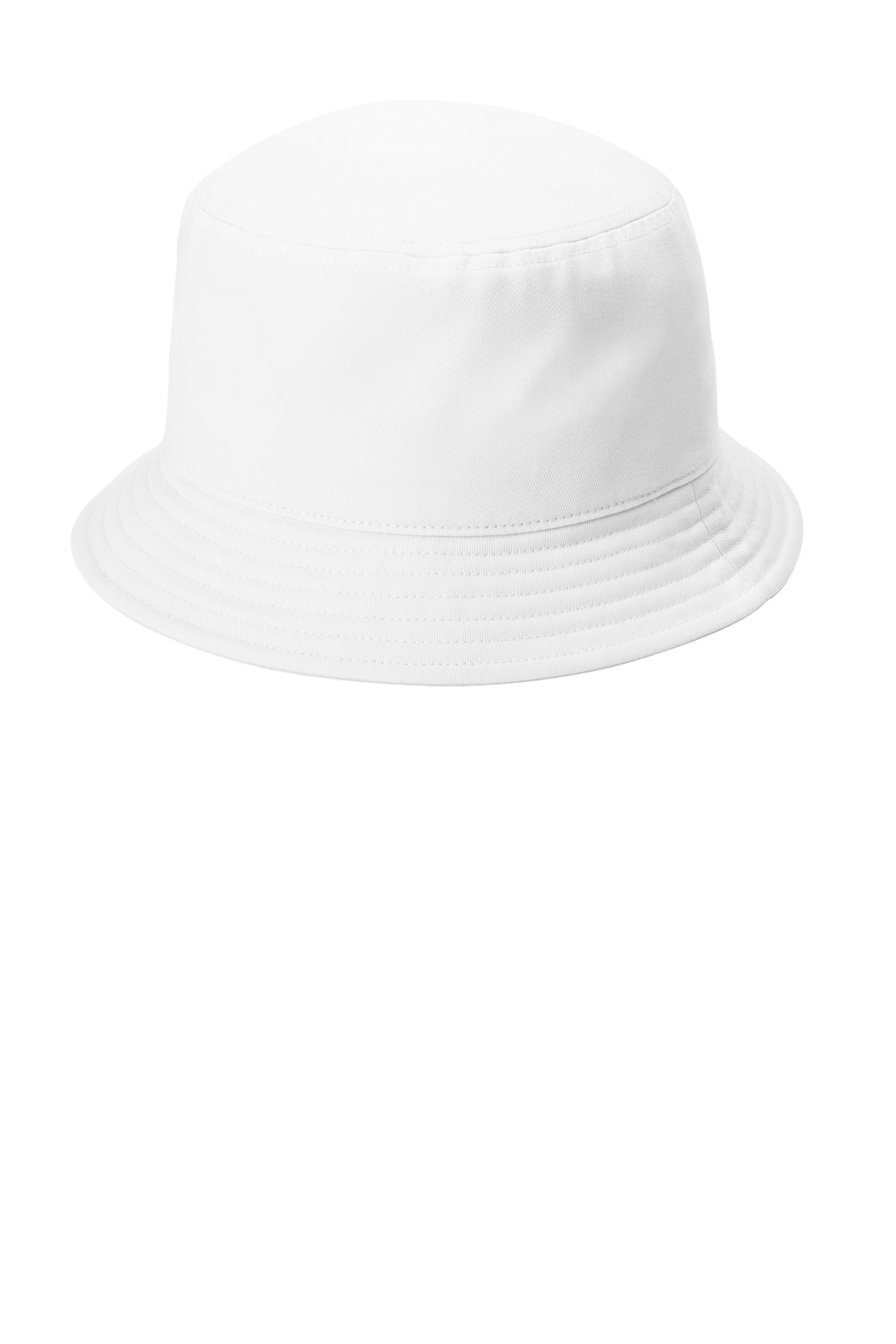 White Port Authority Twill Short Brim Bucket Hat displayed from the left side. Classic style with a casual, versatile design.