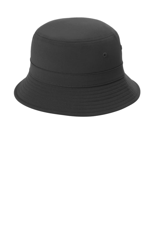 Black Port Authority Poly Bucket Hat with wide brim, shown from the left side. Durable and stylish headwear for outdoor activities.