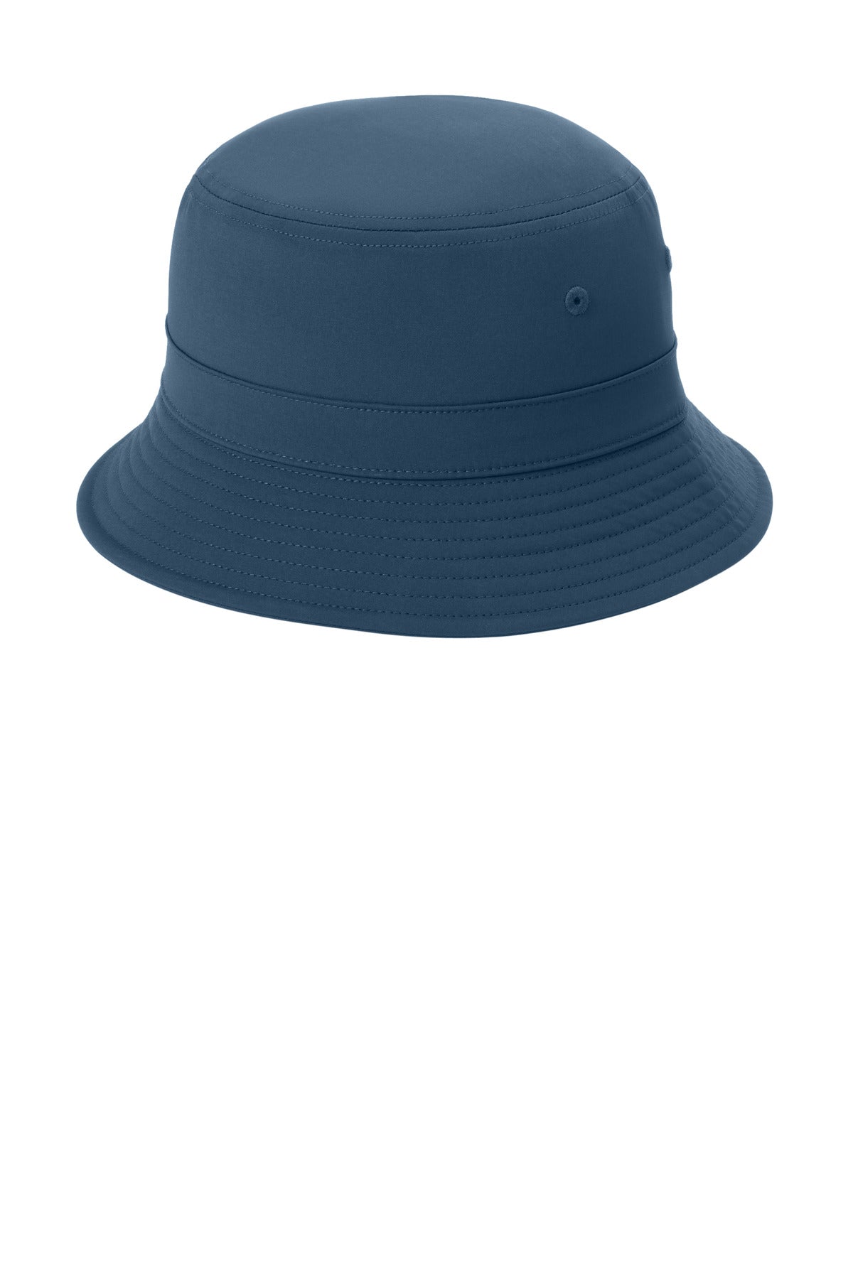 Port Authority Poly Bucket Hat in navy blue, showing a wide brim and adjustable chin strap for sun protection and style.