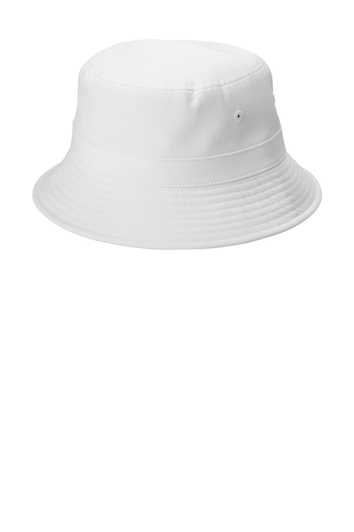 White Port Authority® poly bucket hat displayed from the left side, showcasing its casual brim and lightweight fabric.