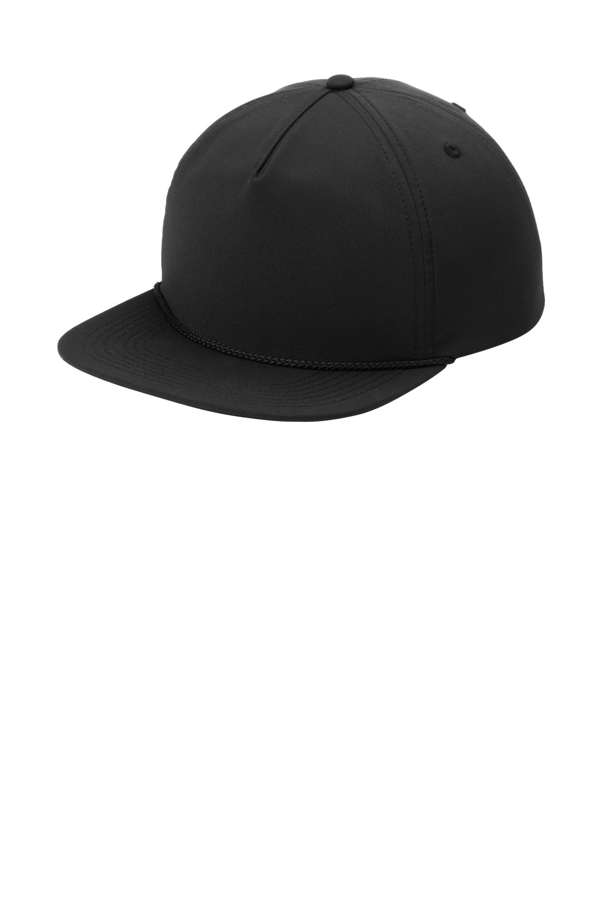 Black Port Authority 5-panel poly rope cap with adjustable strap and embroidered logo on the front.
