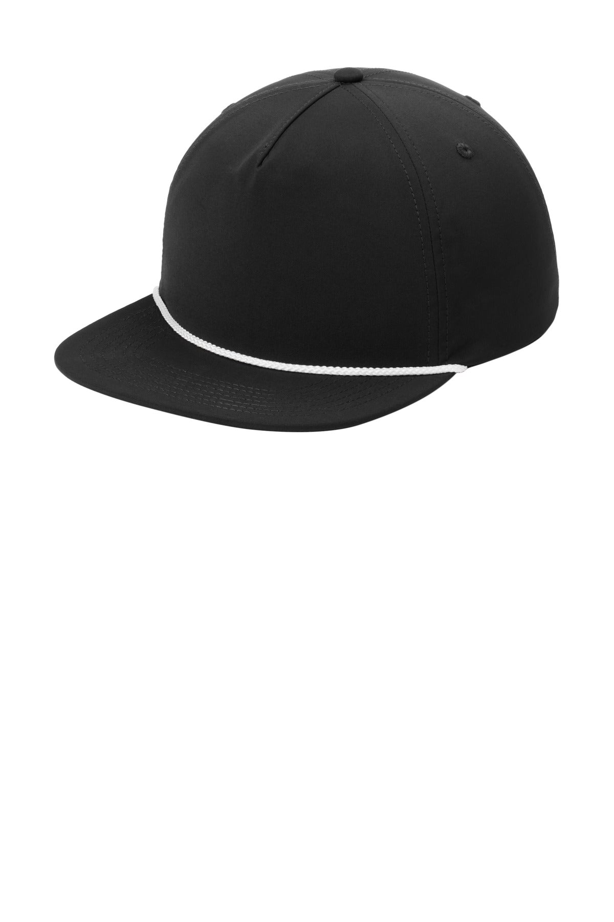 Port Authority 5-panel poly rope cap in black and white, shown from the left side. Durable casual hat with adjustable strap.