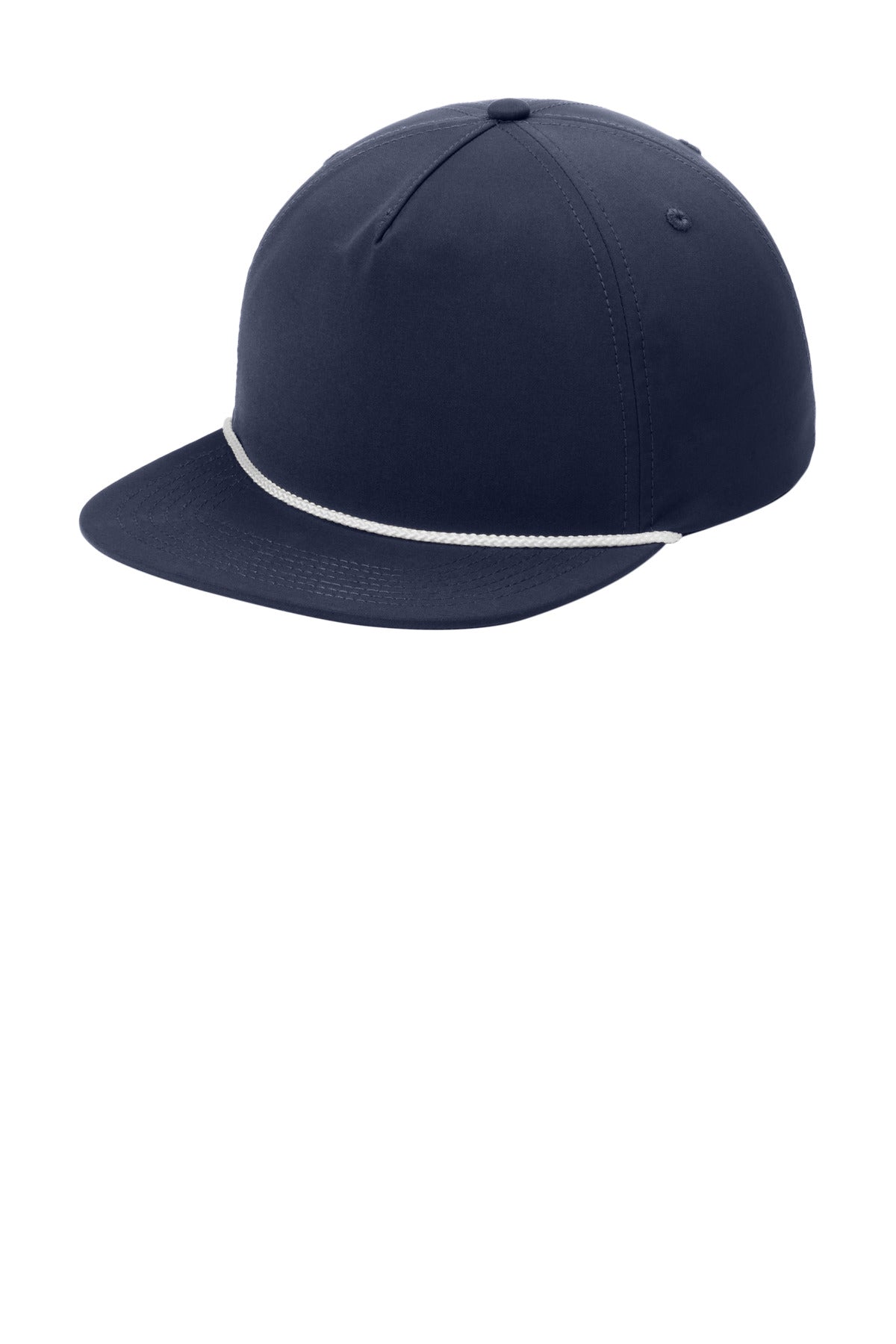 Port Authority 5-panel poly rope cap in navy with white accents, shown from the left side. Durable, stylish outdoor hat.