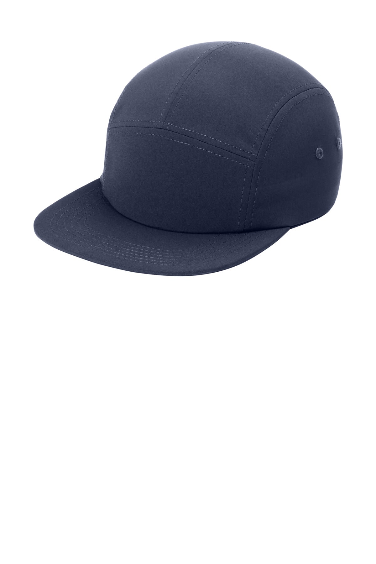 Port Authority Poly Camper Cap in navy blue, shown from the left, featuring a classic design and adjustable strap.