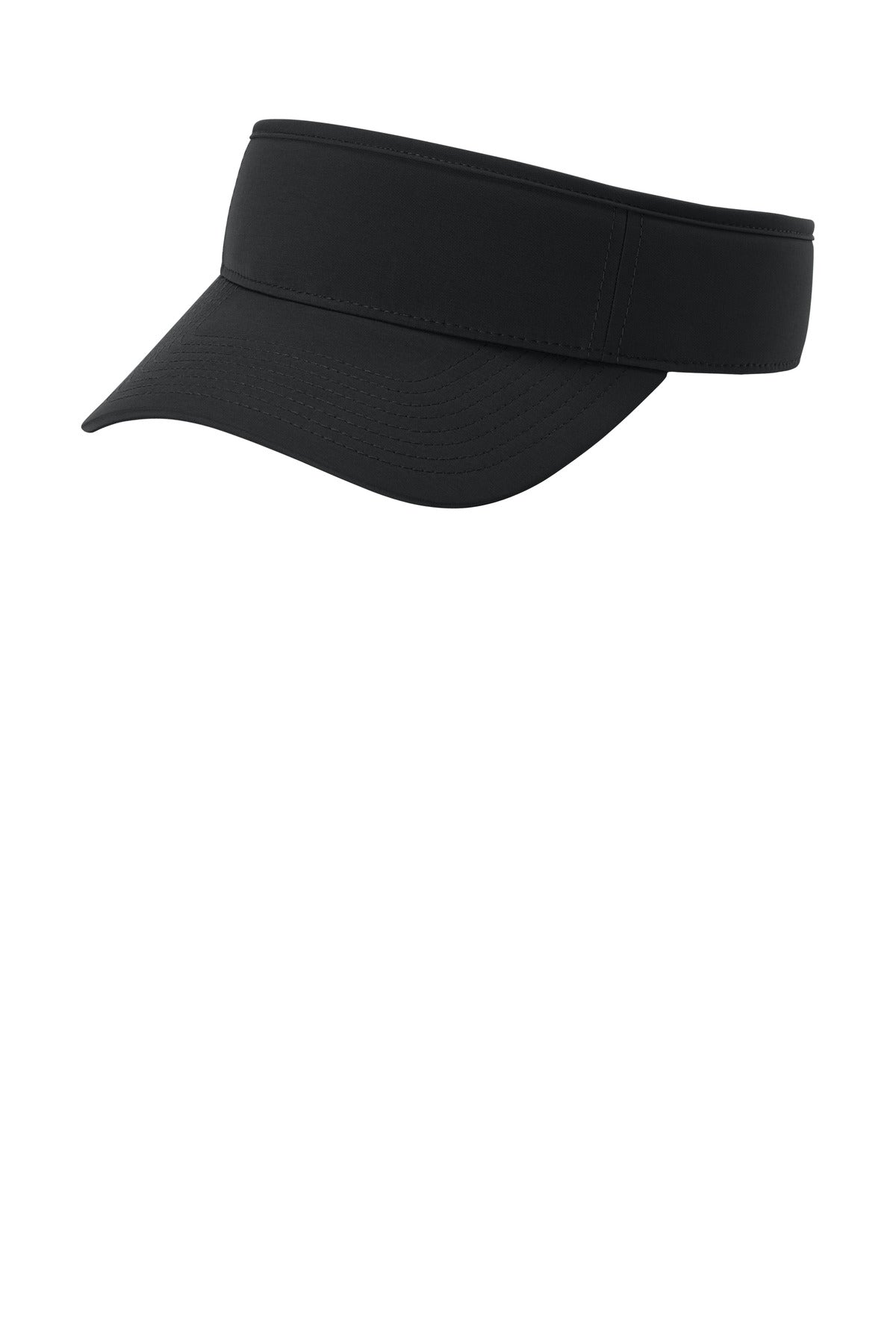 Black Port Authority Poly Visor C983 hat shown from the left side, featuring a curved brim and adjustable strap.