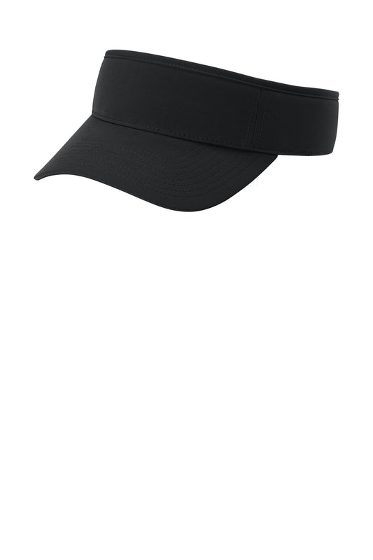 Black Port Authority Poly Visor C983 hat shown from the left side, featuring a curved brim and adjustable strap.