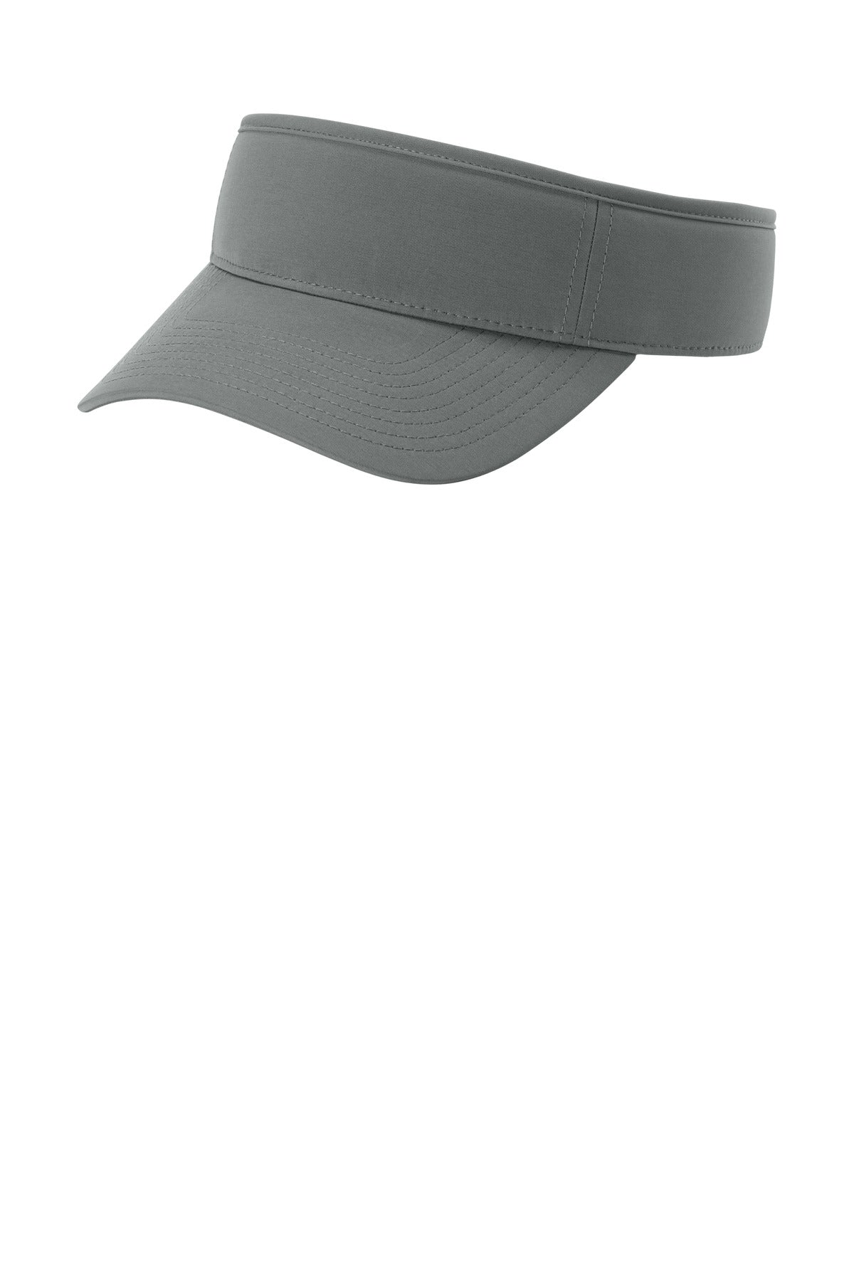Port Authority Poly Visor in deep smoke color, showing a close-up of the left side of the visor with a curved brim and adjustable strap.