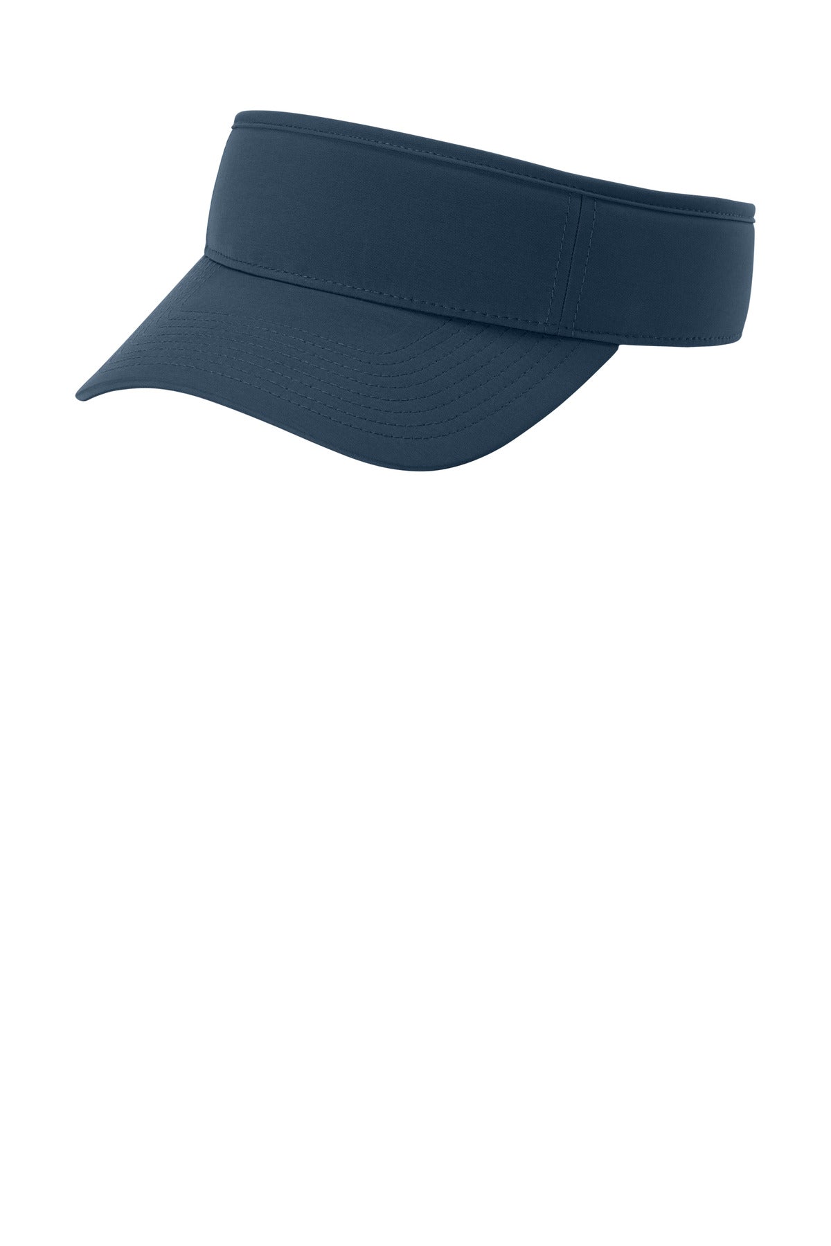 Port Authority Poly Visor C983 in river blue and navy, showing the left side view of the sporty, adjustable sun visor hat.