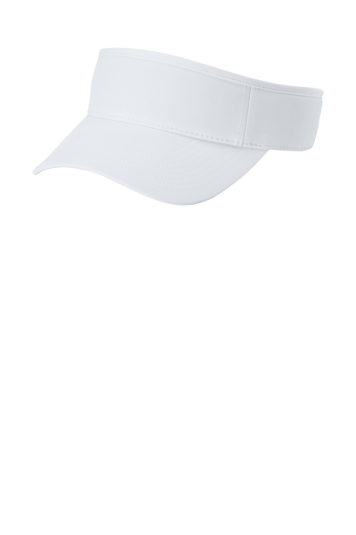 White Port Authority Poly Visor C983 showing front view with curved brim and adjustable strap on the left side.