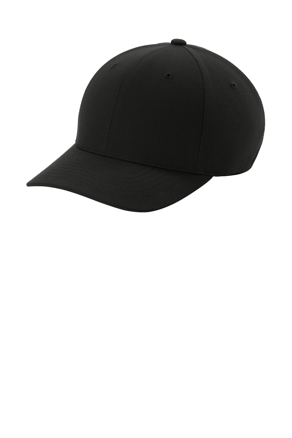 Port Authority Flexfit NU cap in deep black, shown from the left side. Classic baseball-style hat with a curved brim.
