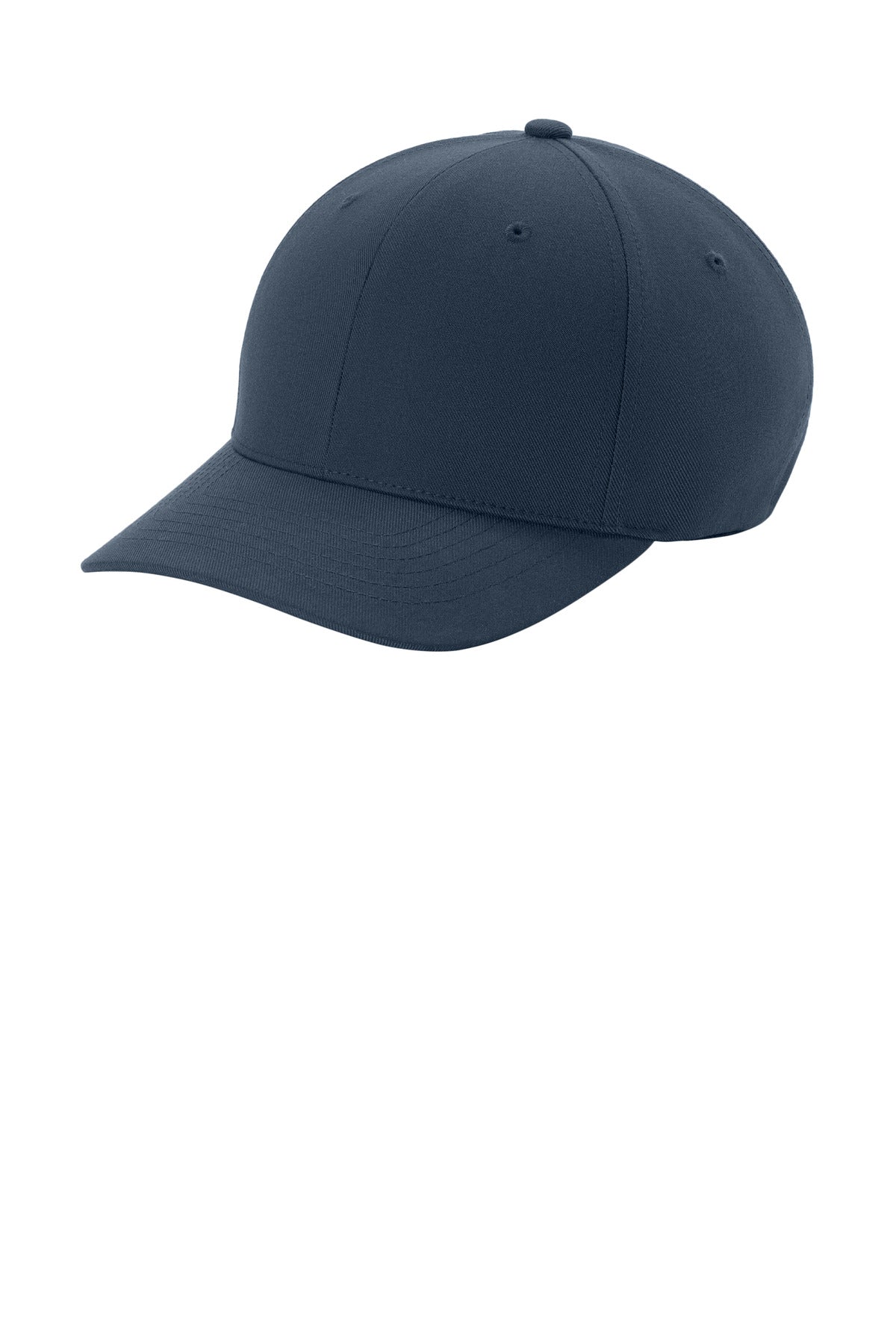 Port Authority Flexfit NU cap in river blue and navy, showing front view with curved brim and adjustable strap.