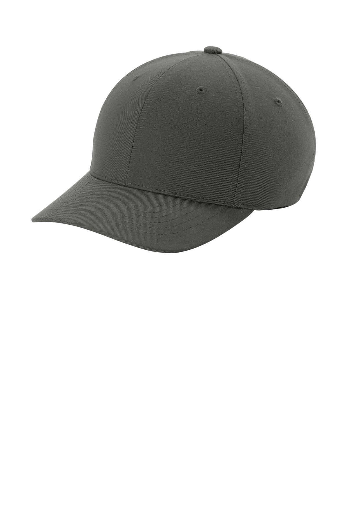 Storm grey Port Authority Flexfit NU cap with a curved brim and adjustable strap, shown from the front left angle.
