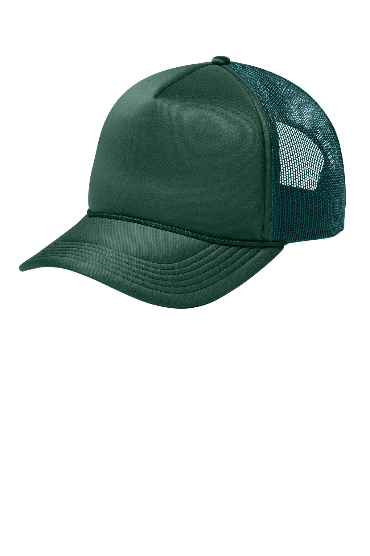 Dark green Port Authority Foam Truck'N Cap C993 on a mannequin head, showing front view of the adjustable baseball cap.