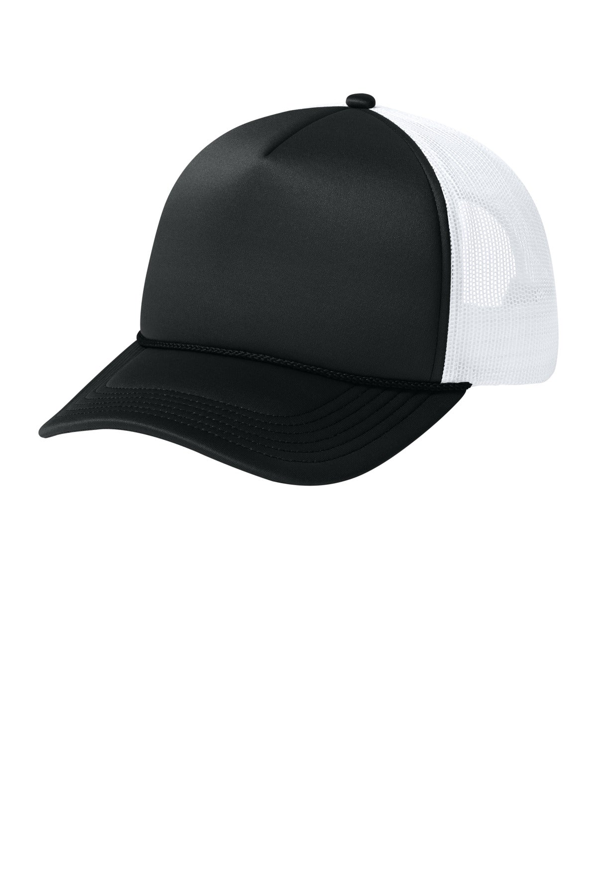 Port Authority Foam Truck'N Cap in deep black with white accents, shown from the left side. Stylish, comfortable trucker-style hat.