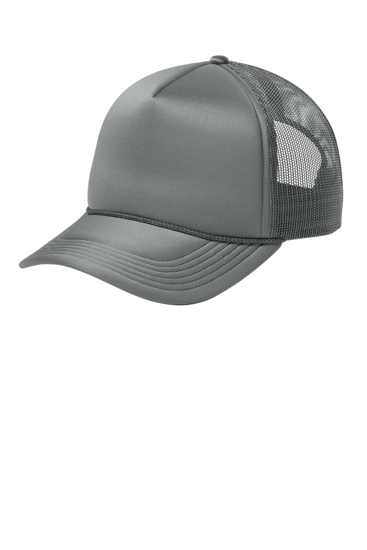 Port Authority Foam Truck'N Cap in deep smoke color, shown from the left side. Casual baseball cap with structured fit and adjustable strap.