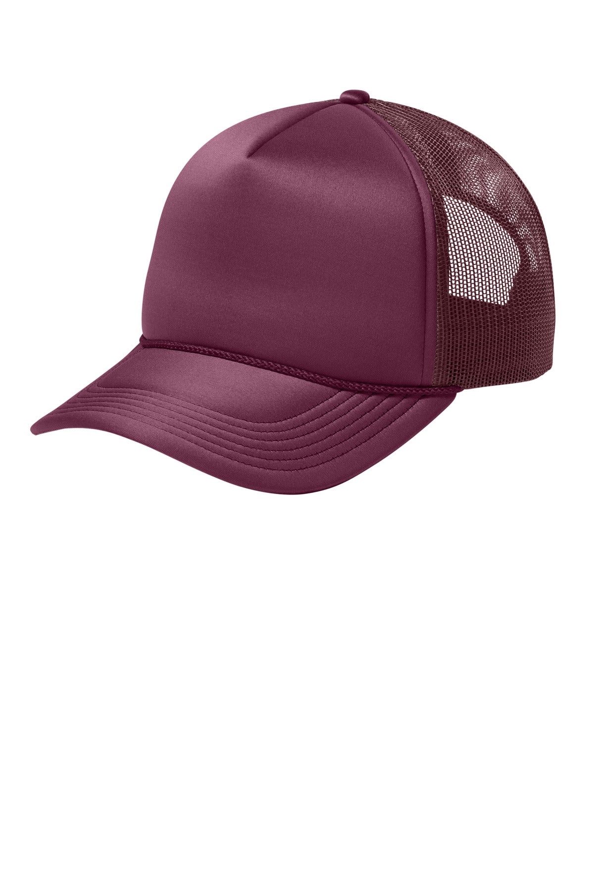 Maroon Port Authority Foam Truck'N Cap C993 displayed from the left side, showcasing its classic trucker hat style and adjustable fit.