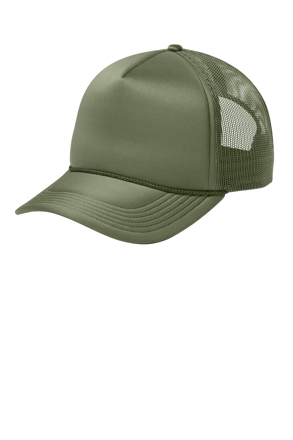 Port Authority Foam Truck'N Cap in olive drab green, viewed from the left side, showcasing its casual trucker style and foam brim.