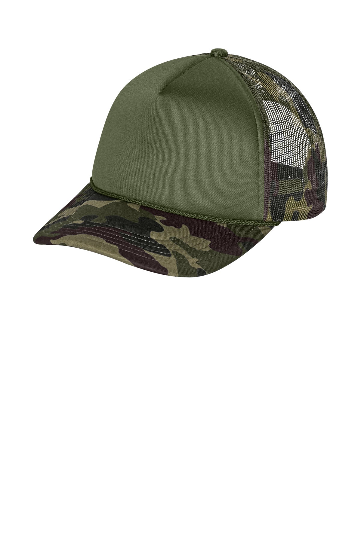 Olive drab camouflage foam trucker cap by Port Authority, shown from the left side.